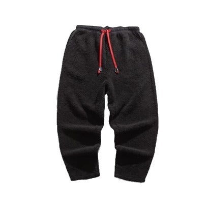 Fall Winter Men Thick Retro Grain Lambswool Thermal Casual Trousers