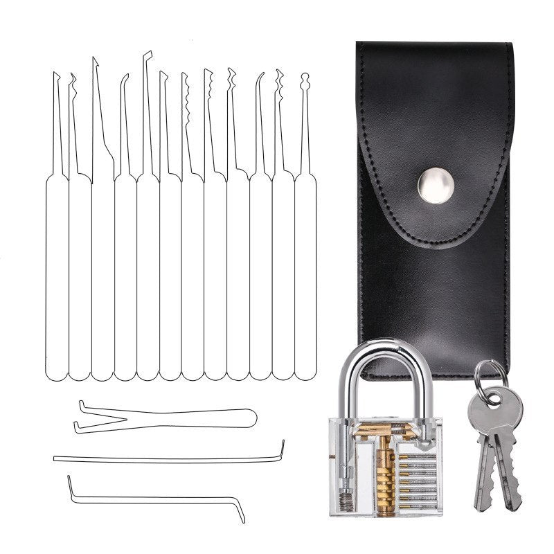 Lock Pick Set-Transparent Visible Cutaway Practice Padlock with Broken Key Removing Hooks 15pcs set