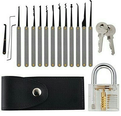 Lock Pick Set-Transparent Visible Cutaway Practice Padlock with Broken Key Removing Hooks 15pcs set